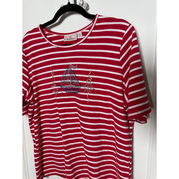 Quacker Factory Red Striped Short Sleeve Sailboat Embellished Sparkle T-shirt L - Picture 3 of 6